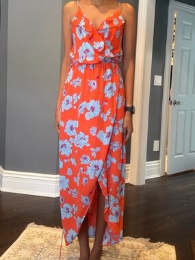 Everly Orange Floral Maxi Dress with Blue Flowers